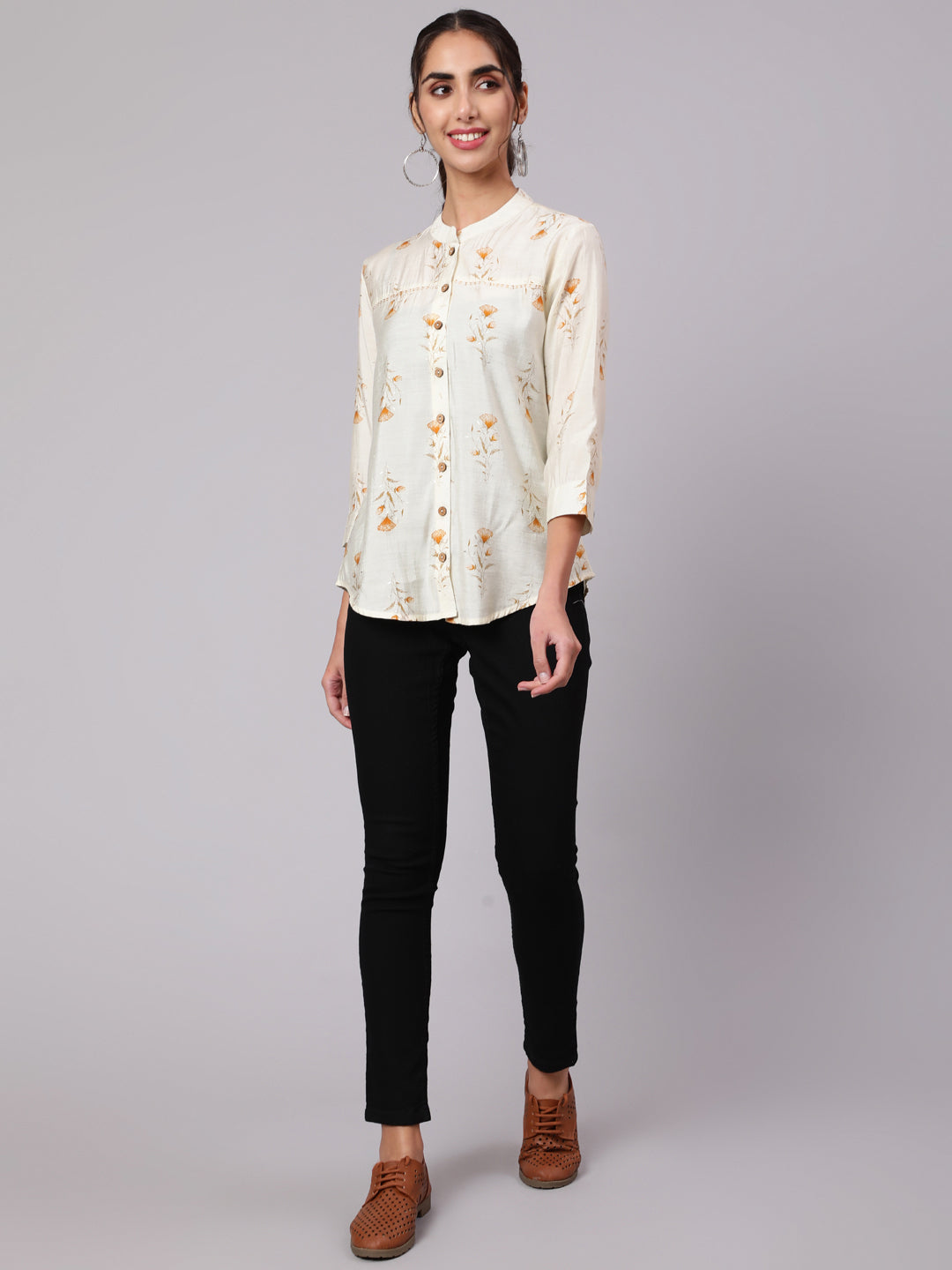 Mustard Chanderi Foil Printed Embroidered Shirt With Curved Hem