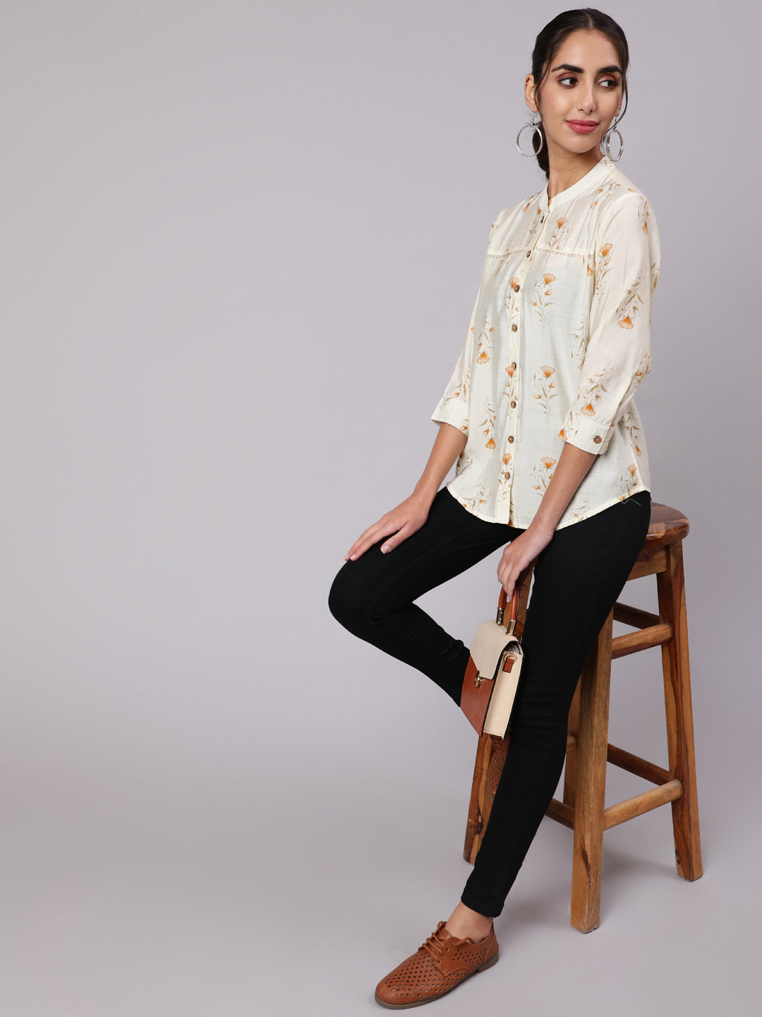 Mustard Chanderi Foil Printed Embroidered Shirt With Curved Hem