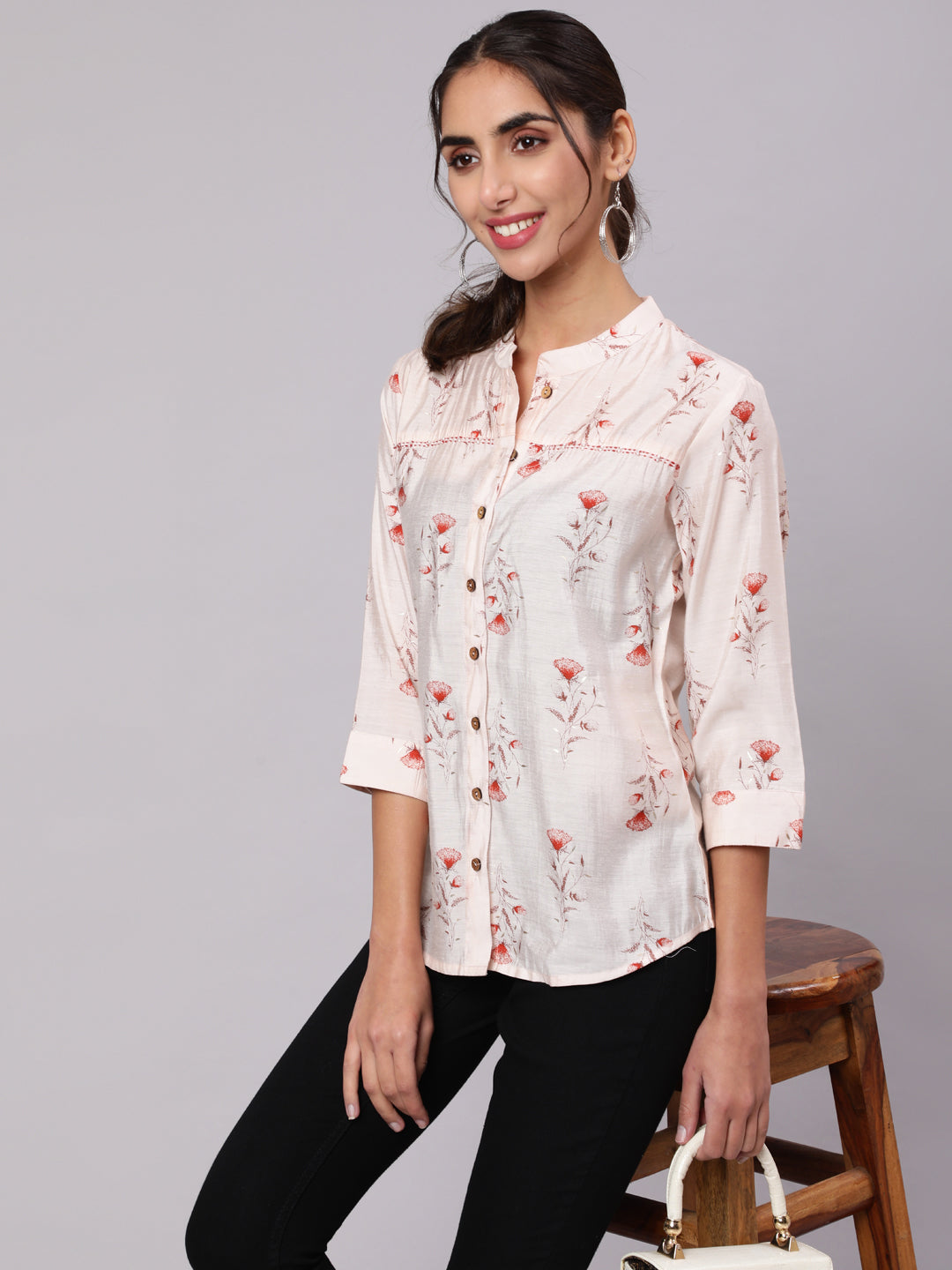 Orange Chanderi Foil Printed Embroidered Shirt With Curved Hem