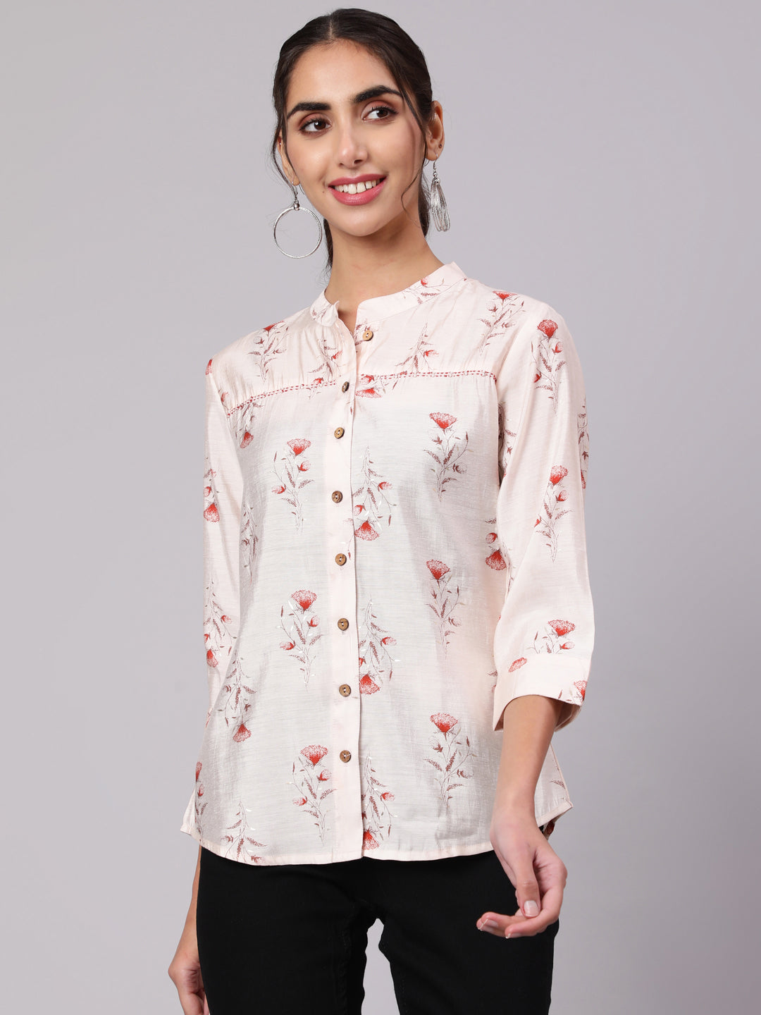 Orange Chanderi Foil Printed Embroidered Shirt With Curved Hem