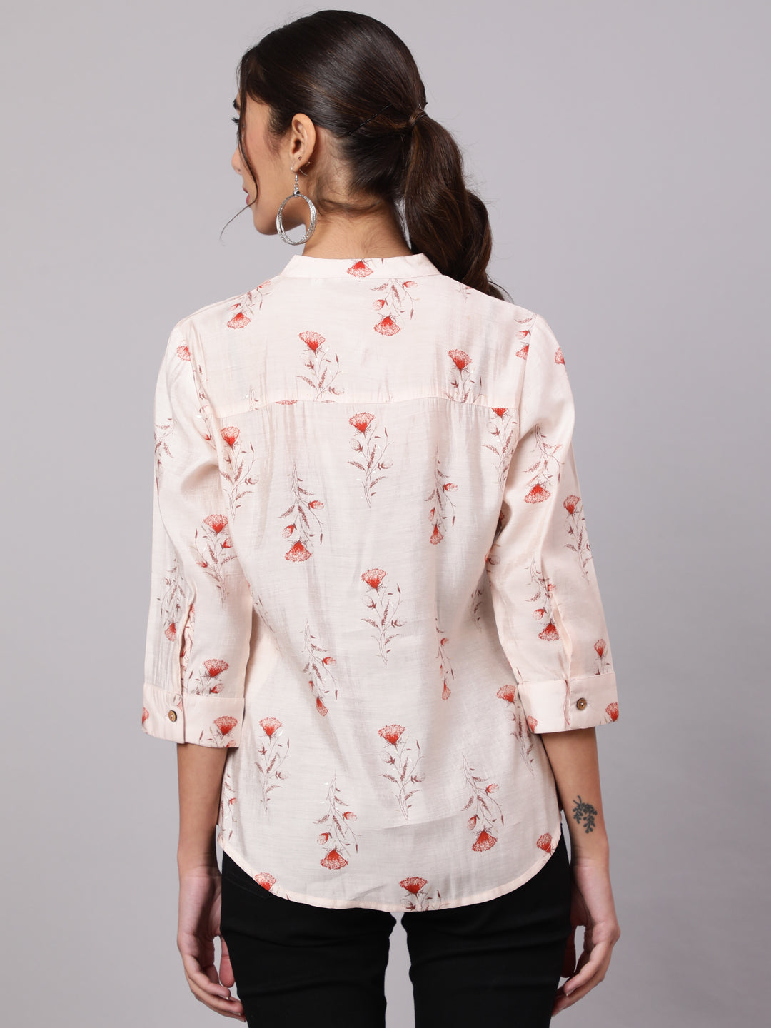 Orange Chanderi Foil Printed Embroidered Shirt With Curved Hem