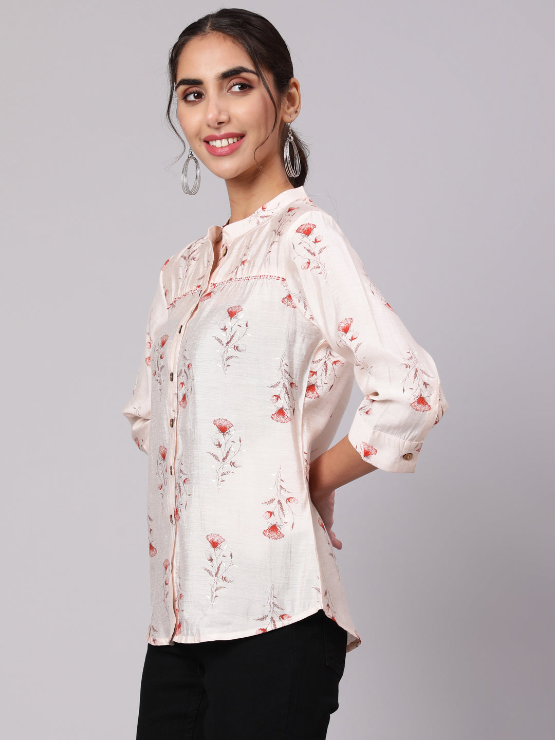 Orange Chanderi Foil Printed Embroidered Shirt With Curved Hem