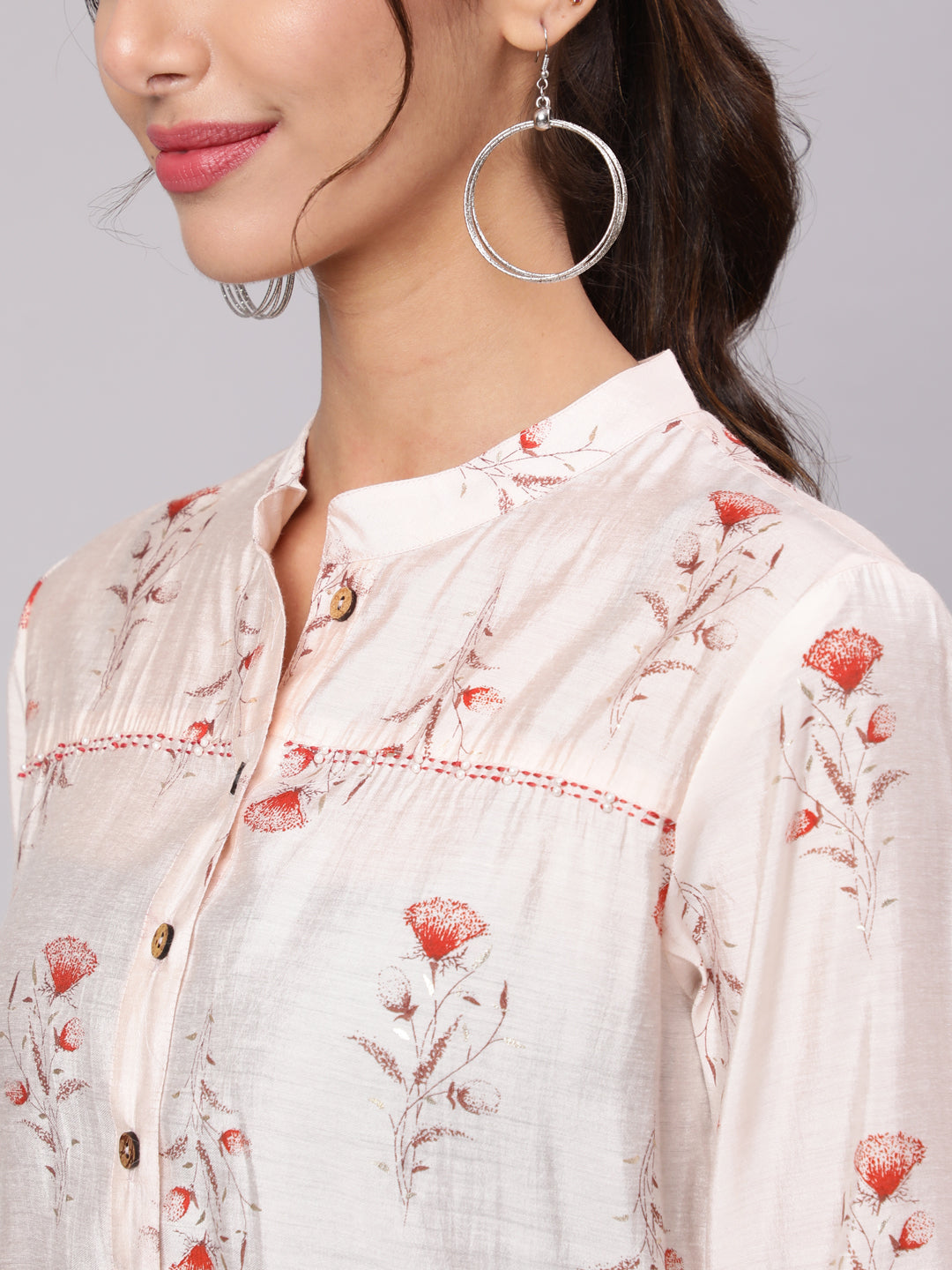 Orange Chanderi Foil Printed Embroidered Shirt With Curved Hem