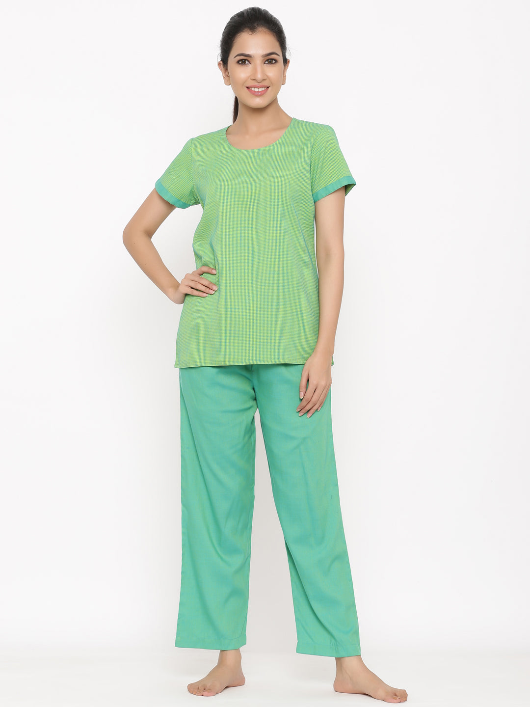 Green Yarn Dyed Straight Shirt With Pyjamas Night Suit