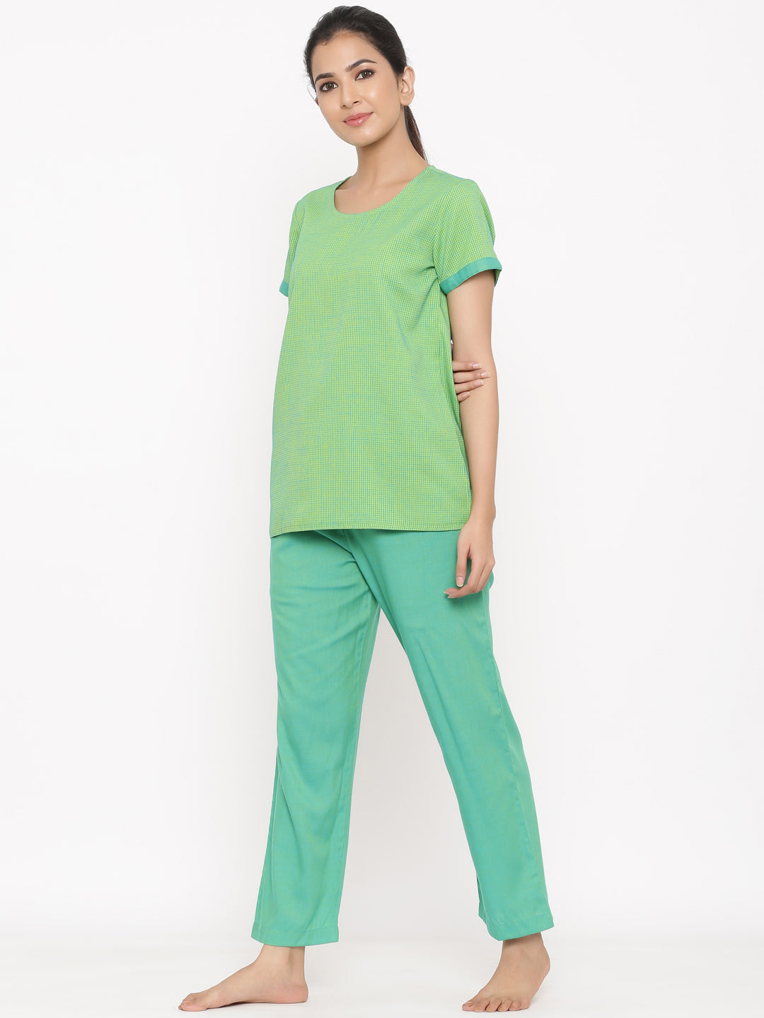 Green Yarn Dyed Straight Shirt With Pyjamas Night Suit