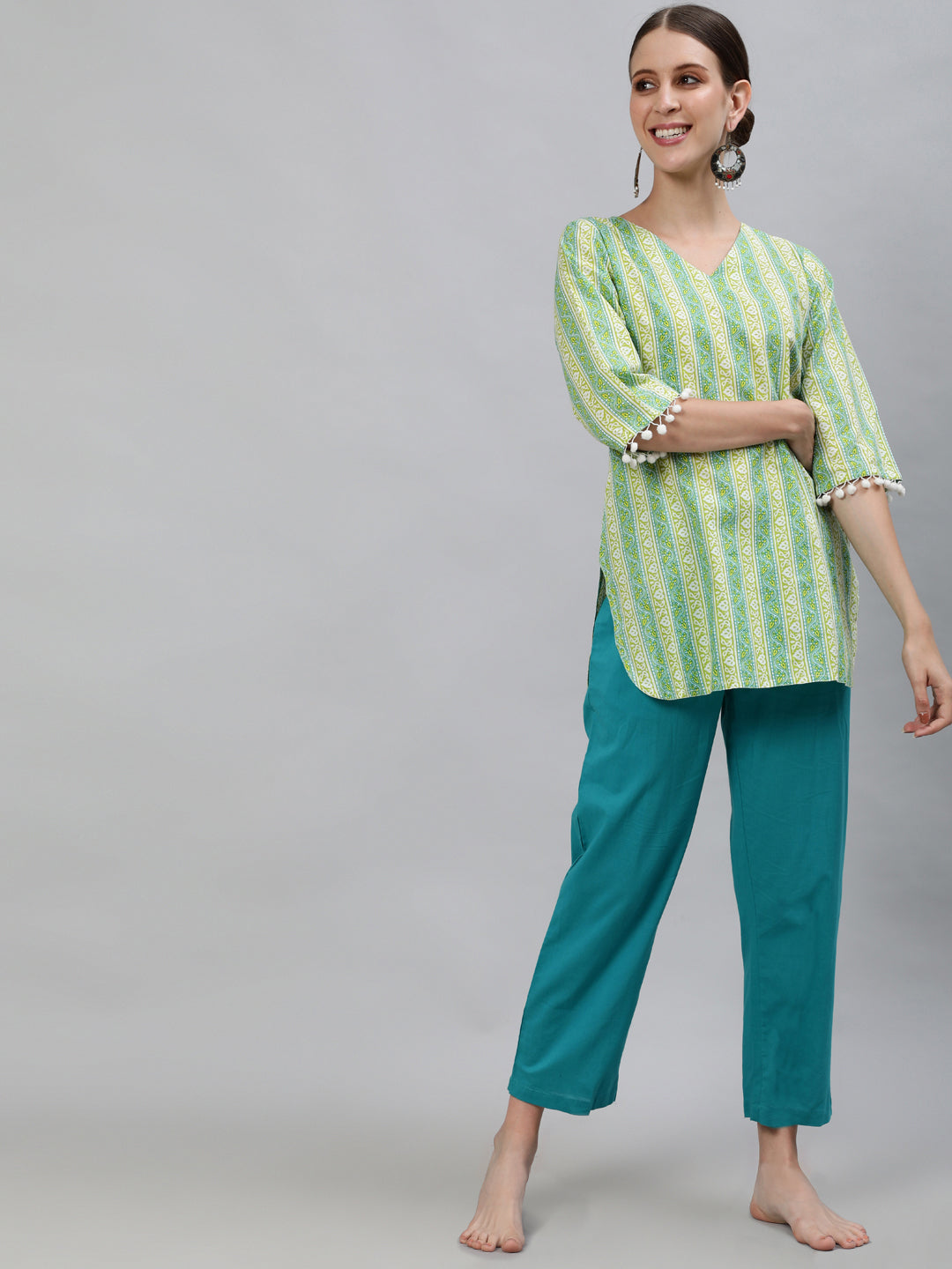 Green Colored Sleepwear Consists Of Short Kurta & Pajamas