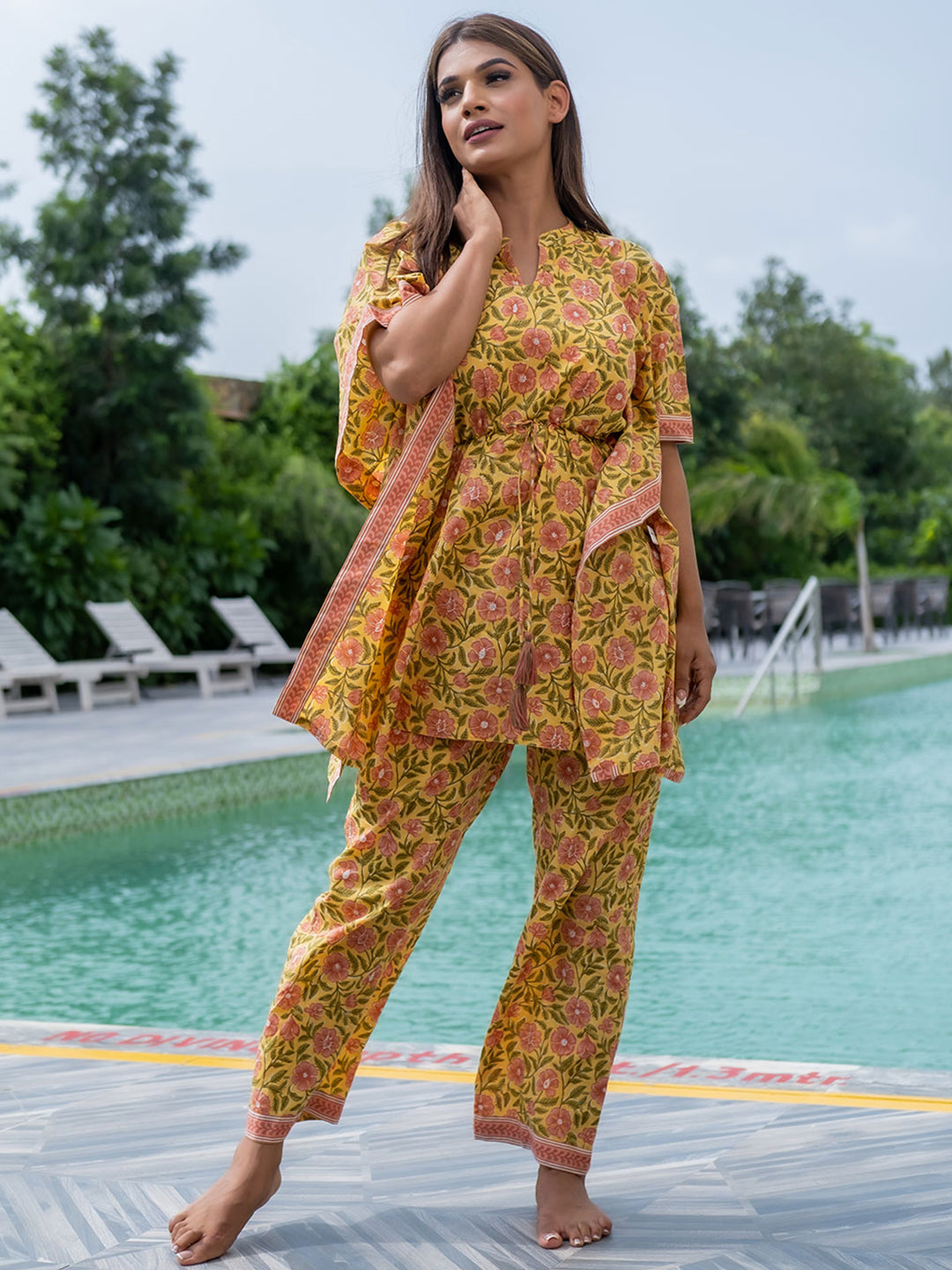 Yellow Ethnic Print Cotton Loungewear Set With Side Pocket