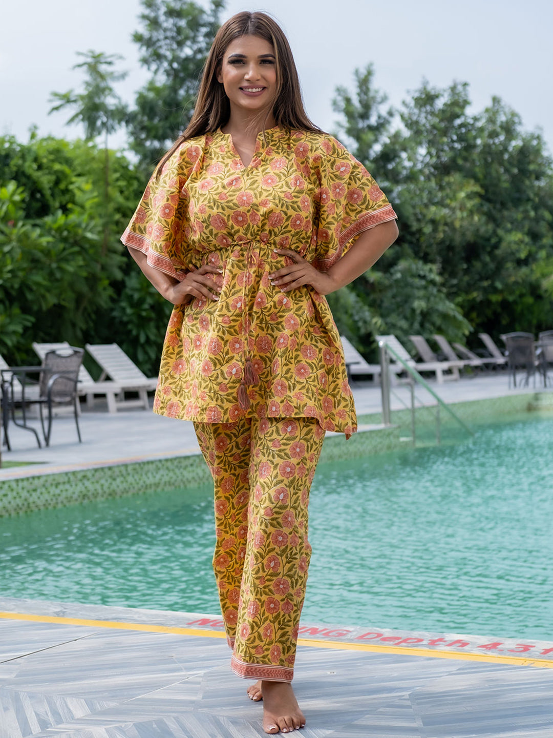 Yellow Ethnic Print Cotton Loungewear Set With Side Pocket