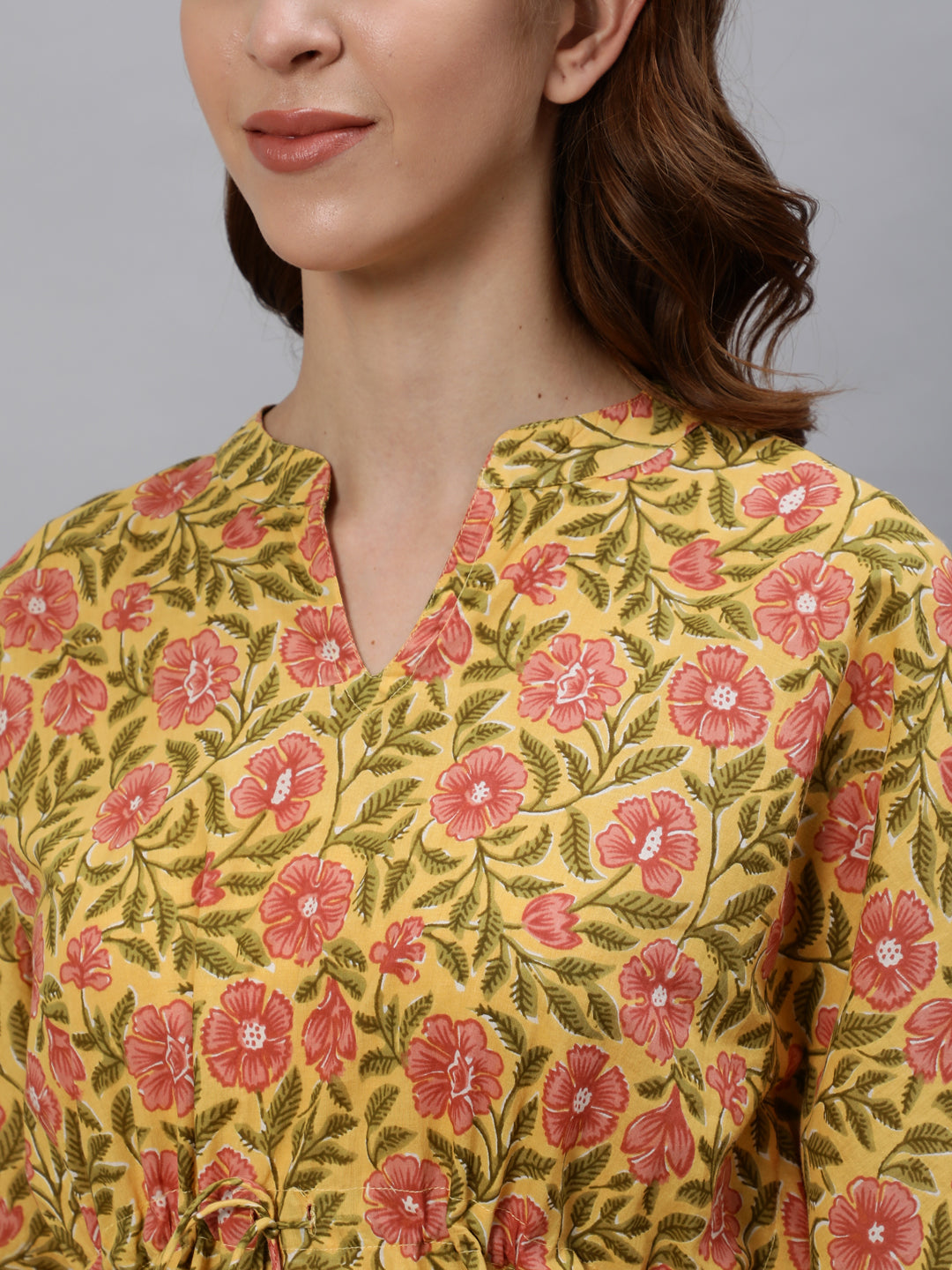 Yellow Ethnic Print Cotton Loungewear Set With Side Pocket