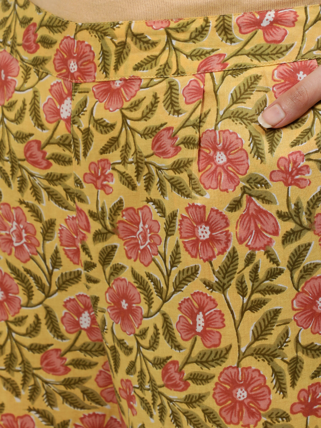 Yellow Ethnic Print Cotton Loungewear Set With Side Pocket