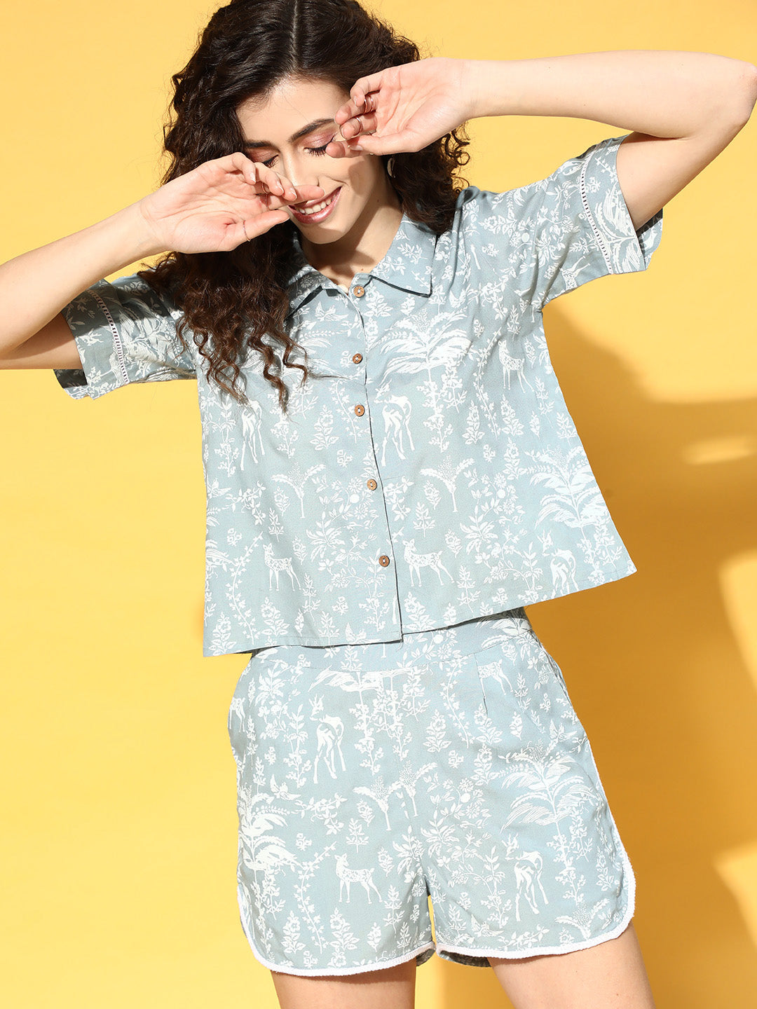 Grey Rayon Slub Quirky Printed Lace Inserted Night Suit