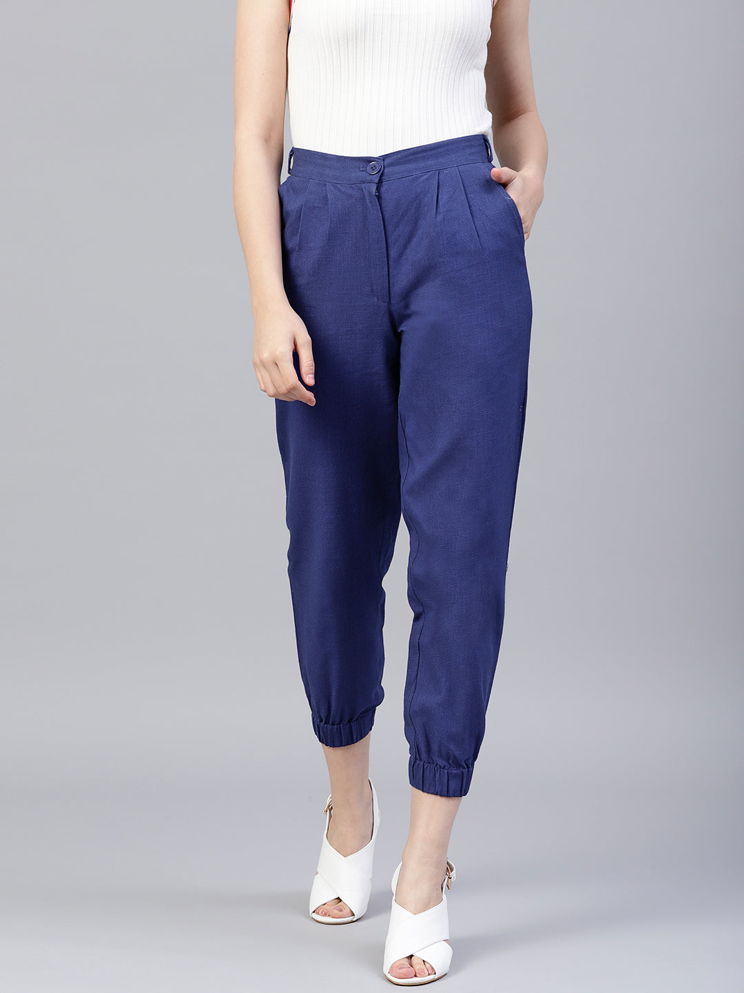 Royal Blue Solid Cotton Slub Trousers