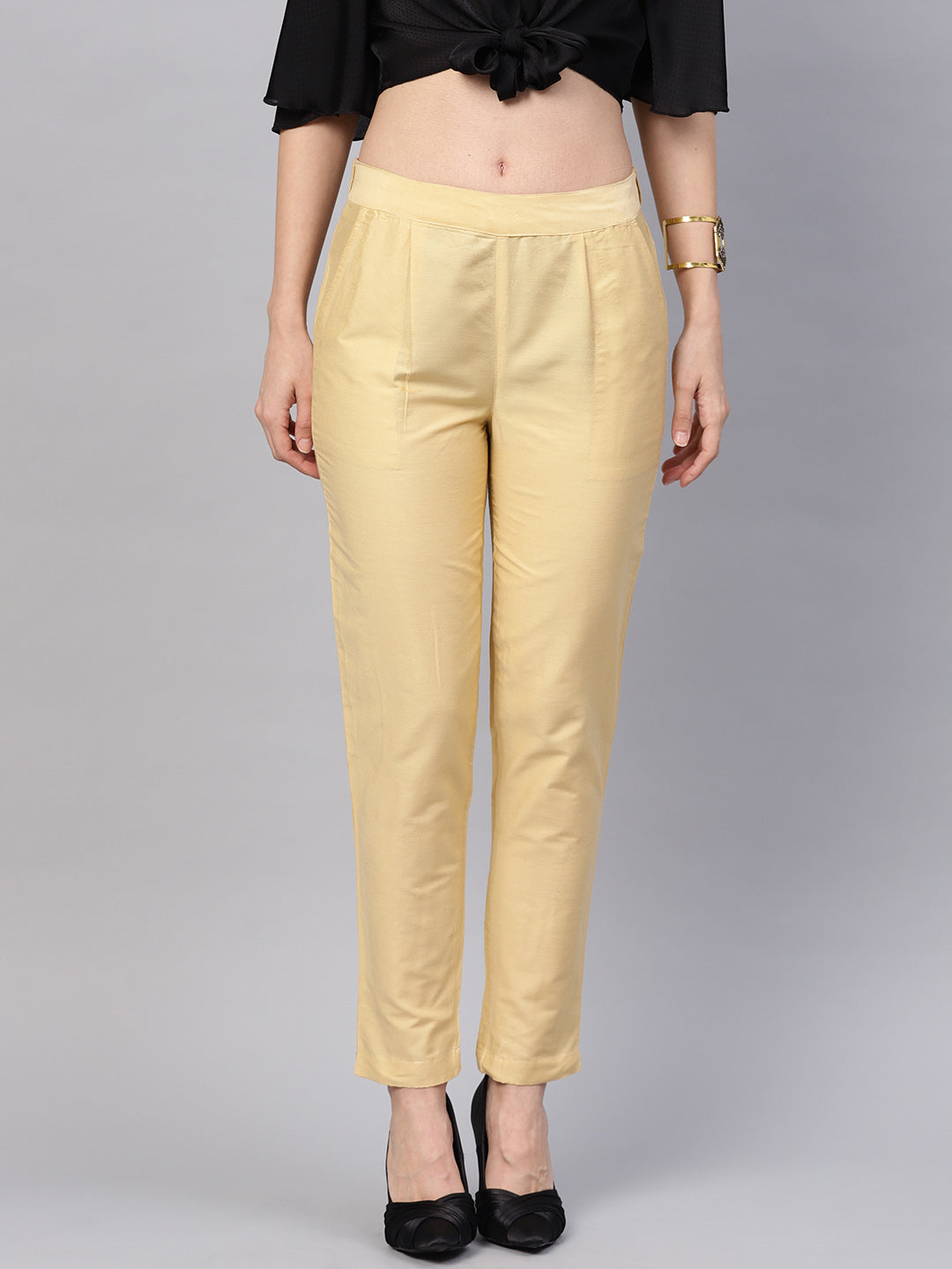 Beige Solid Chanderi Pants