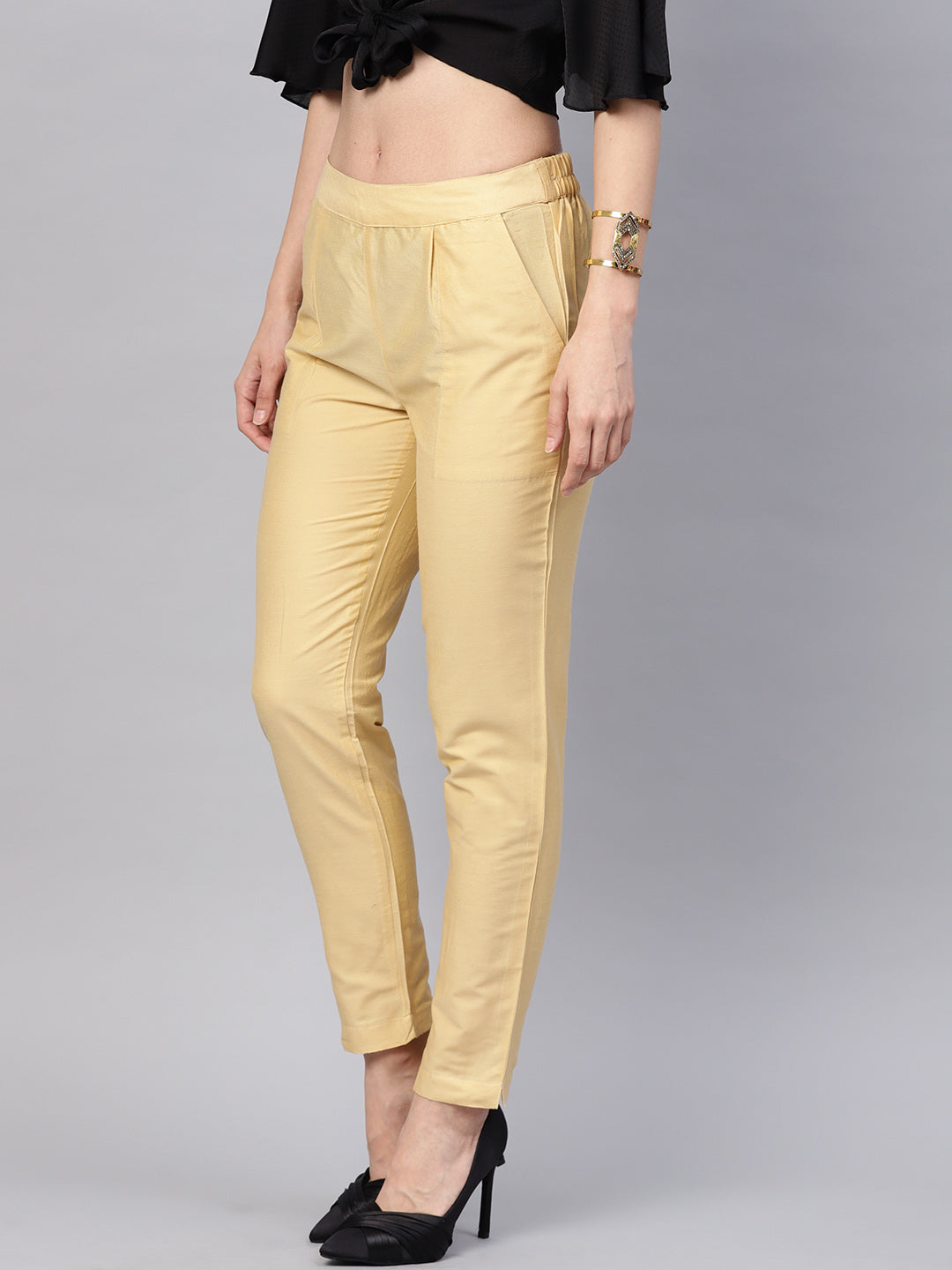 Beige Solid Chanderi Pants
