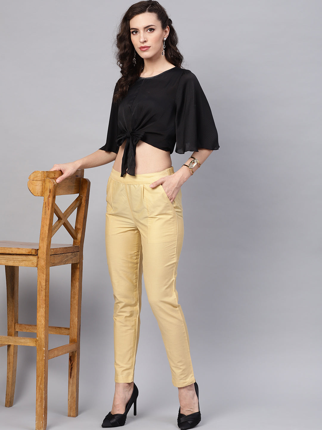 Beige Solid Chanderi Pants