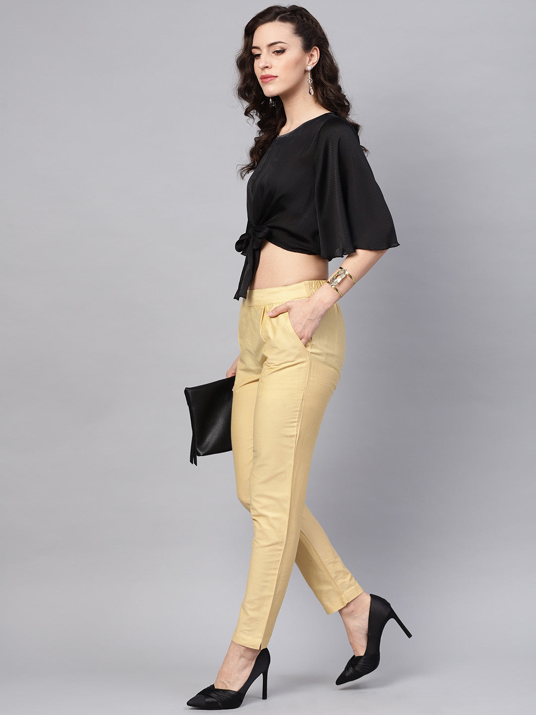 Beige Solid Chanderi Pants