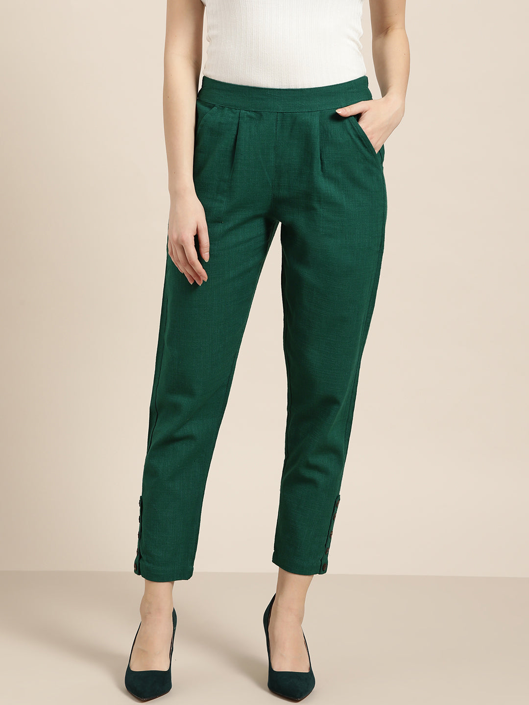 Shop Bottle Green Solid Cotton Slub Pants