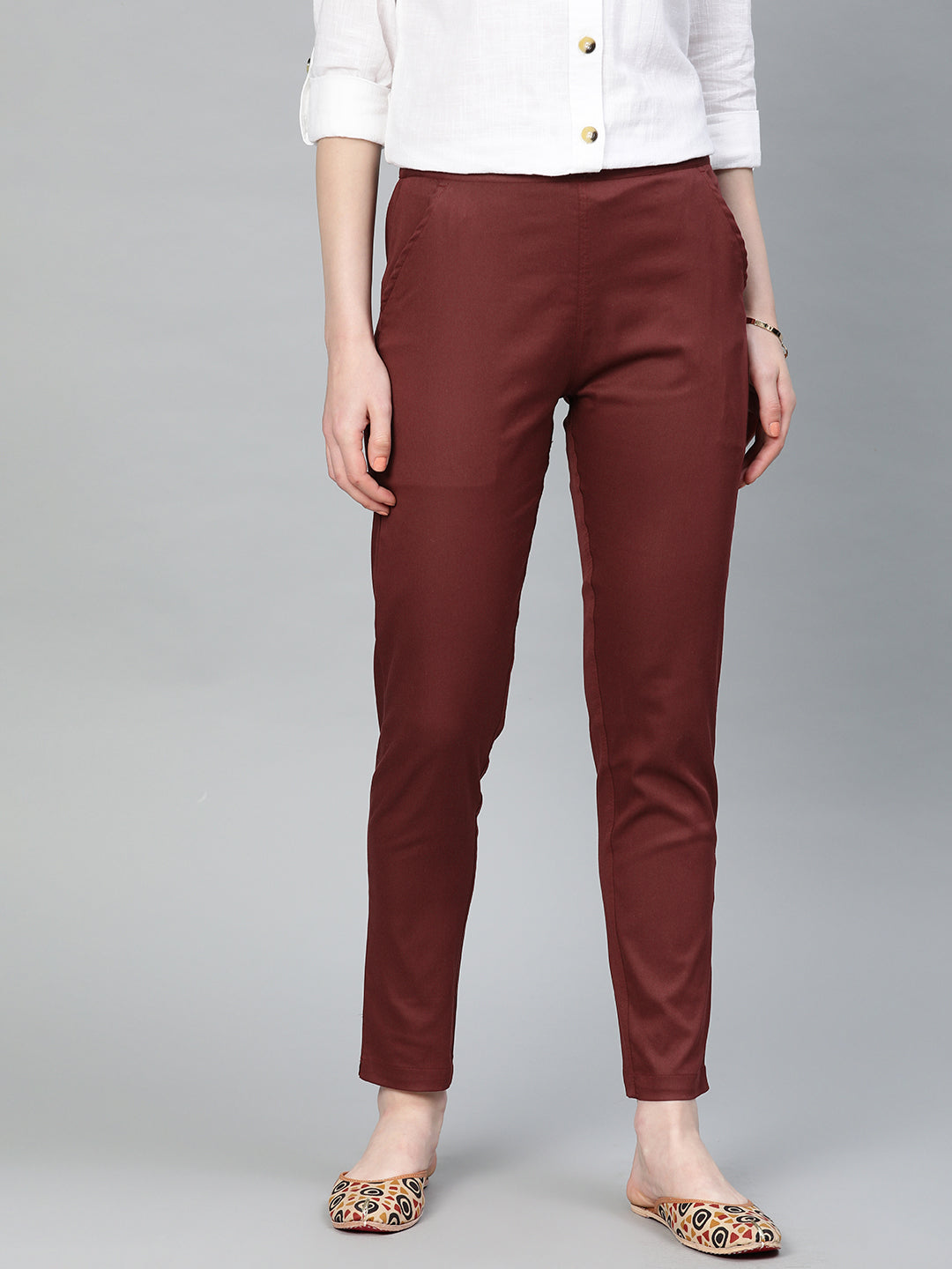 Shop Maroon Solid Cotton Lycra Pant