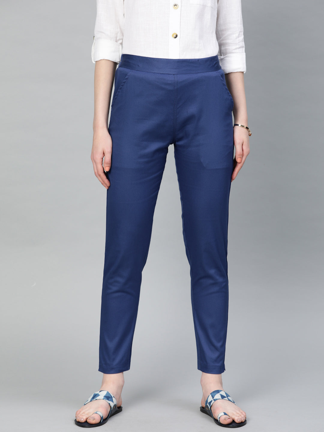 Shop Persian Blue Solid Cotton Lycra Pant