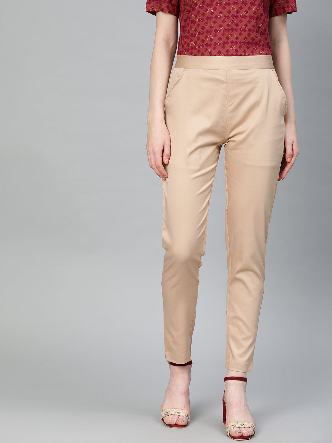 Shop Beige Solid Cotton Lycra Pant