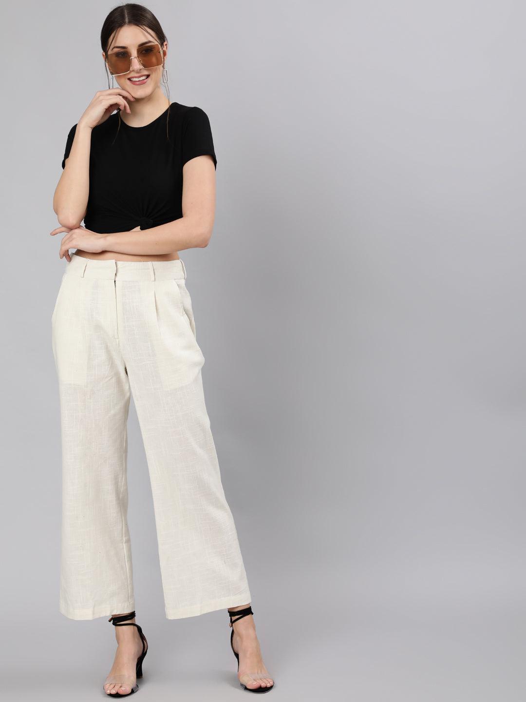 Shop Off White Cotton Slub Flared High Rise Parallel Pants