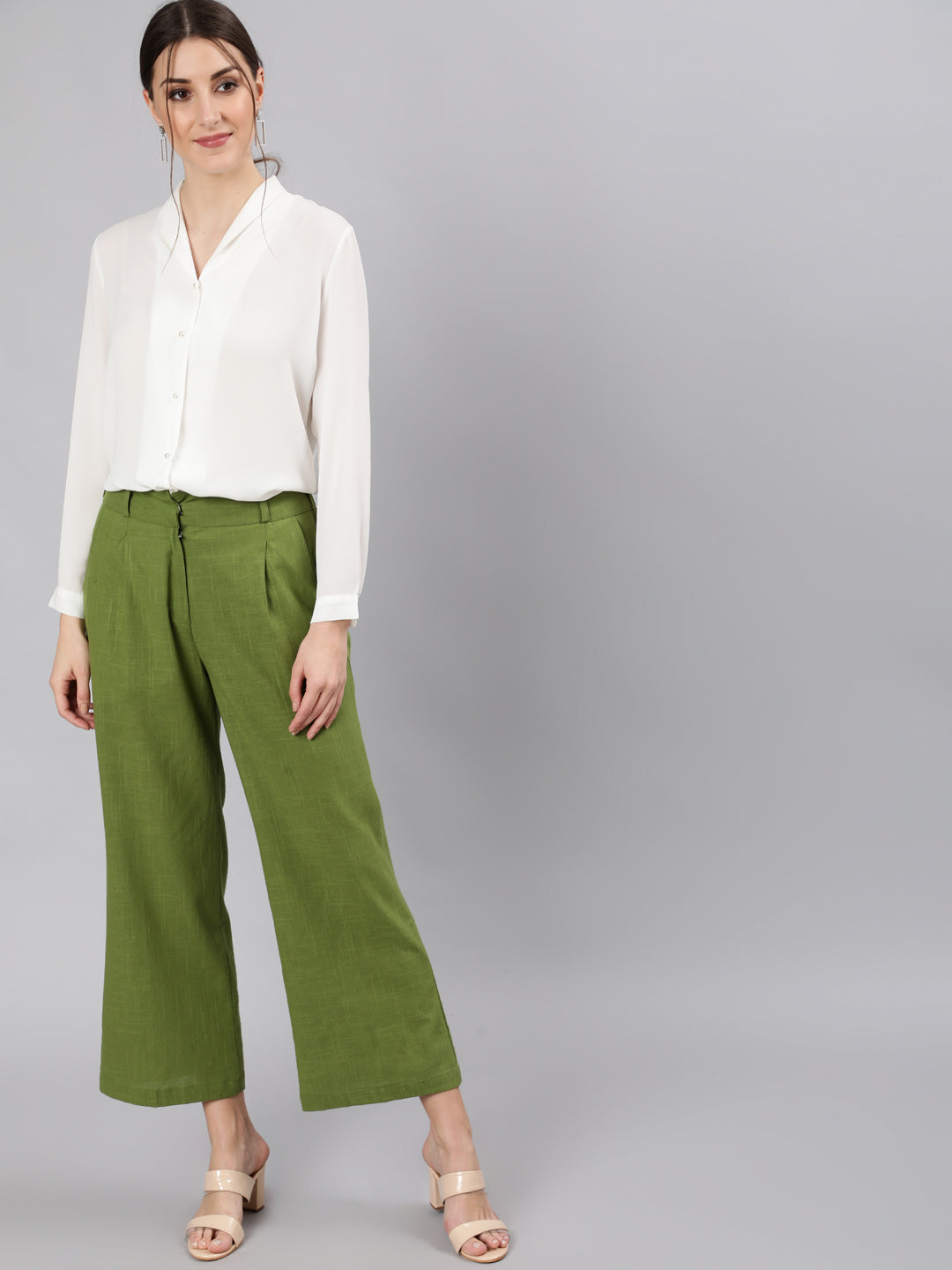Shop Olive Cotton Slub Flared High Rise Parallel Pants