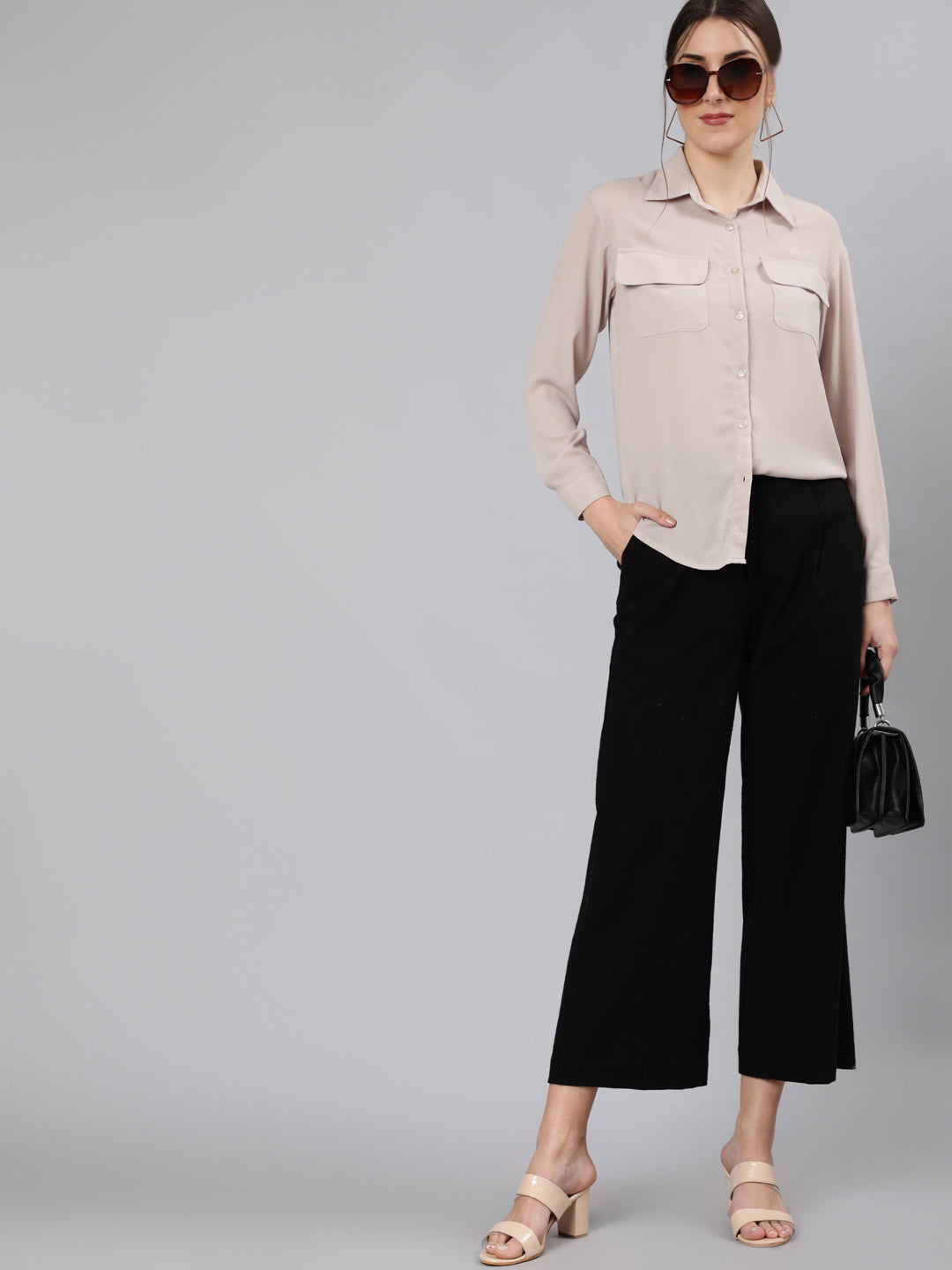 Shop Black Cotton Slub Flared High Rise Parallel Pants