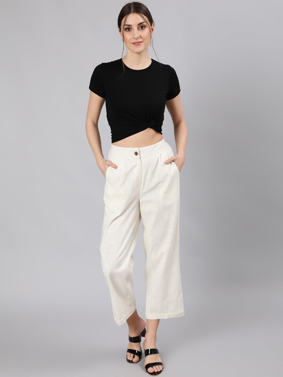 Shop Off White Cotton Slub Straight High Rise Bottom-Fold Pants