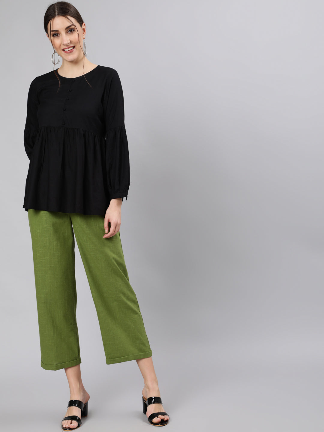 Shop Olive Cotton Slub Straight High Rise Bottom-Fold Pants
