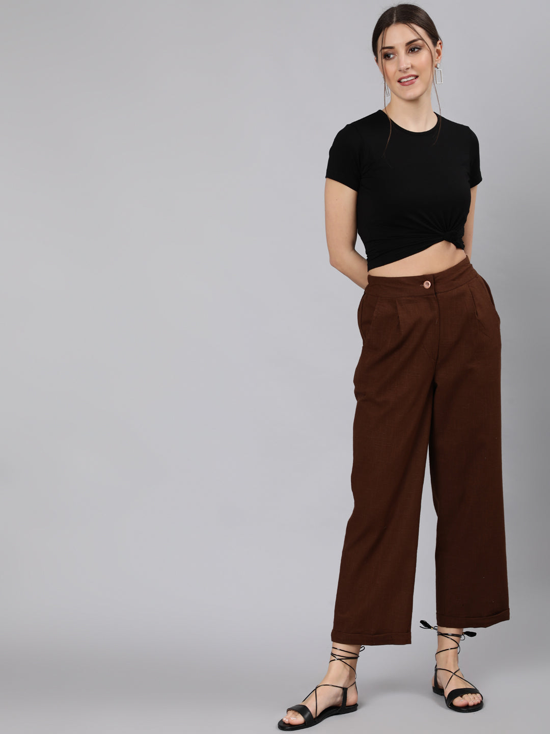 Shop Brown Cotton Slub Straight High Rise Bottom-Fold Pants