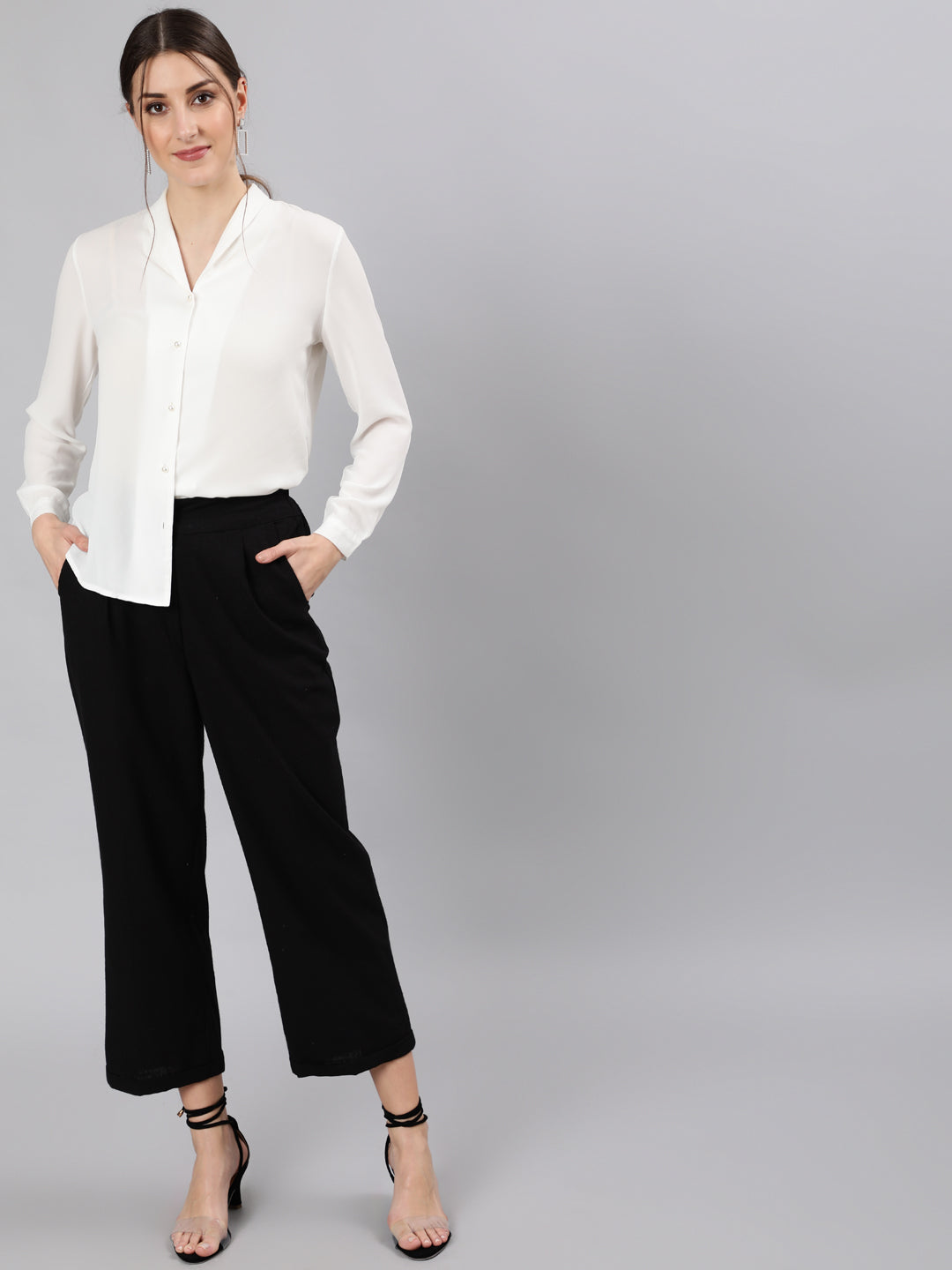 Shop Black Cotton Slub Straight High Rise Bottom-Fold Pants