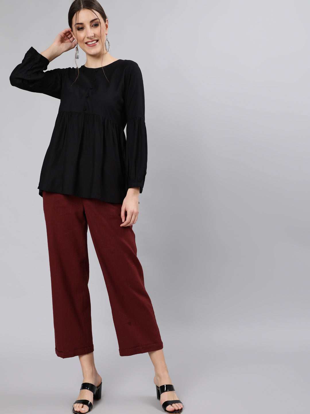 Shop Burgundy Cotton Slub Straight High Rise Bottom-Fold Pants