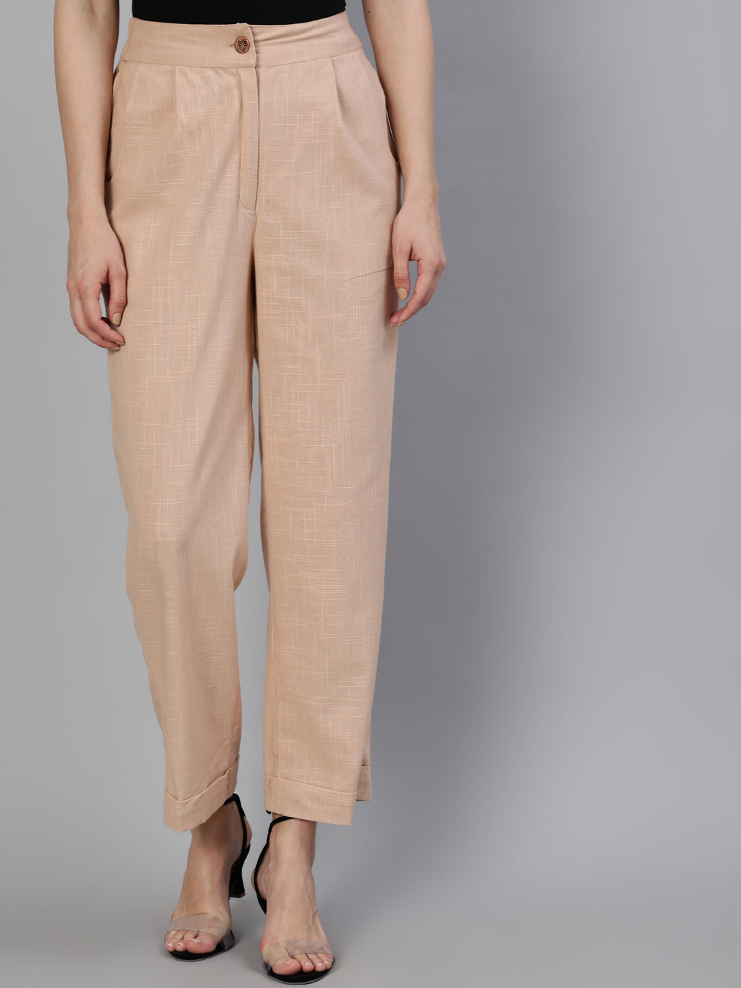 Shop Pink Clay Cotton Slub Straight High Rise Bottom Fold Pants