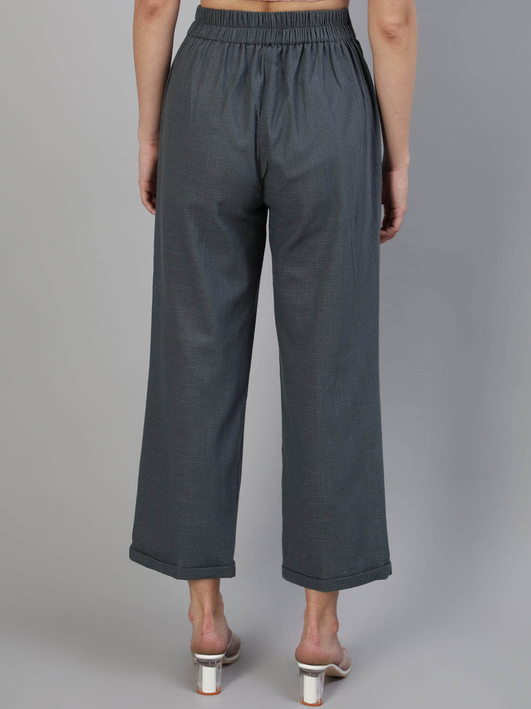 Charcoal Grey Cotton Slub Straight High Rise Bottom Fold Pants