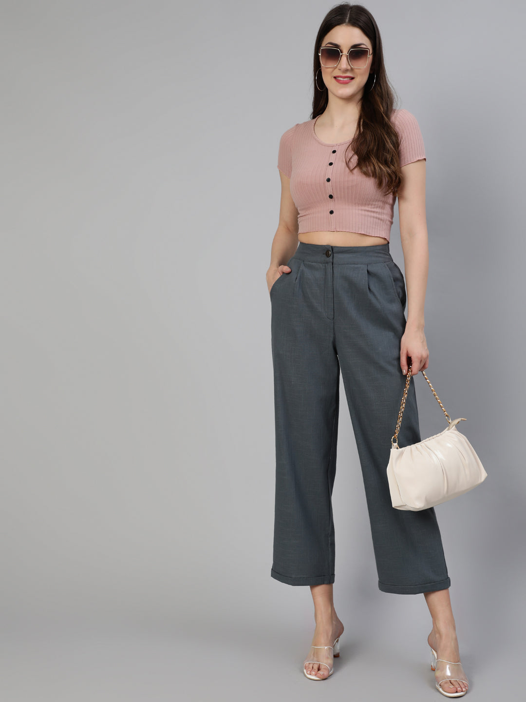 Charcoal Grey Cotton Slub Straight High Rise Bottom Fold Pants