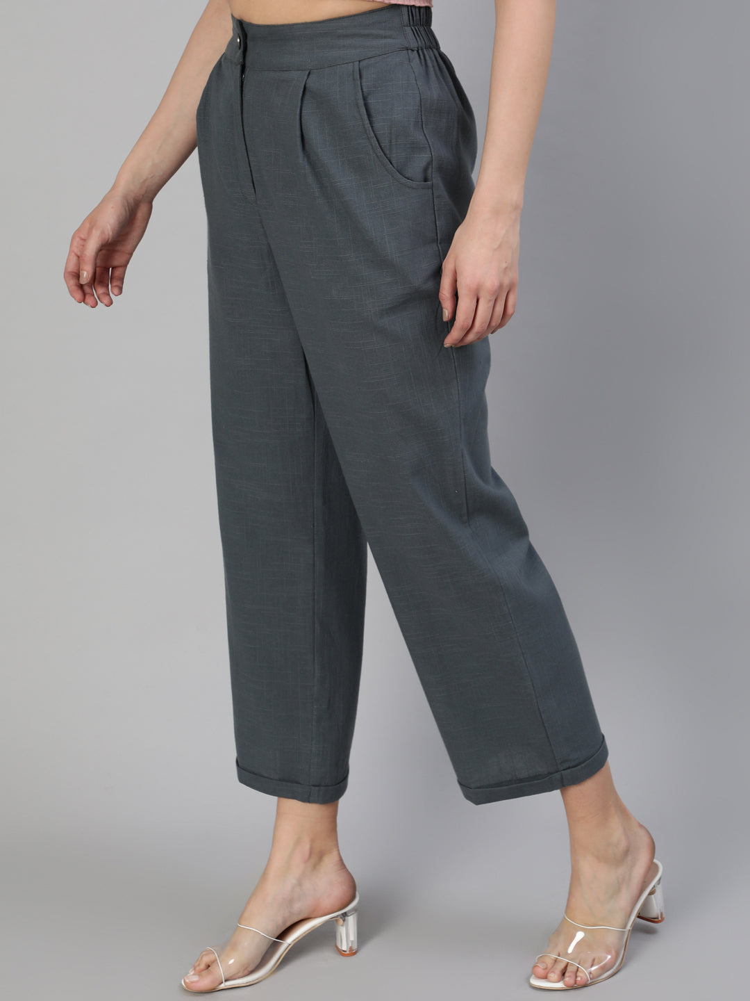 Charcoal Grey Cotton Slub Straight High Rise Bottom Fold Pants