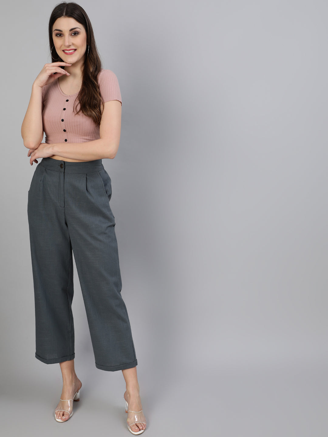 Charcoal Grey Cotton Slub Straight High Rise Bottom Fold Pants