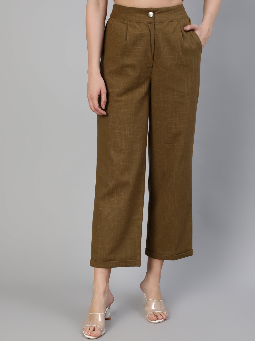 Shop Olive Cotton Slub Straight High Rise Bottom Fold Pants