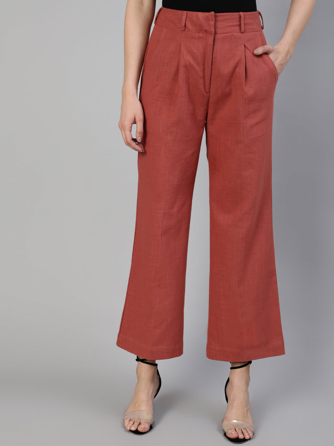 Shop Brick Red Cotton Slub Flared High Rise Parallel Pants