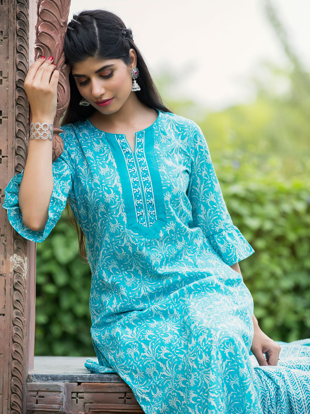 Turquoise Blue Ethnic Motifs Straight Cotton Kurta With Pants & Dupatta