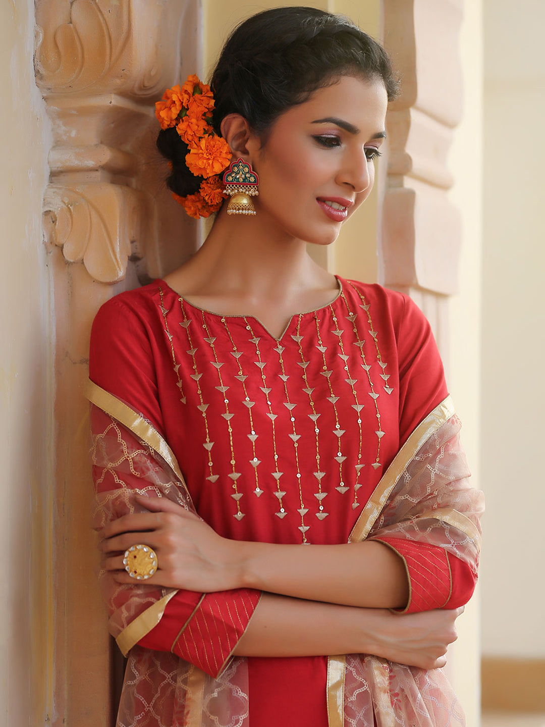 Red & Brown Embroidered Straight Viscose Musline Kurta With Pants & Dupatta