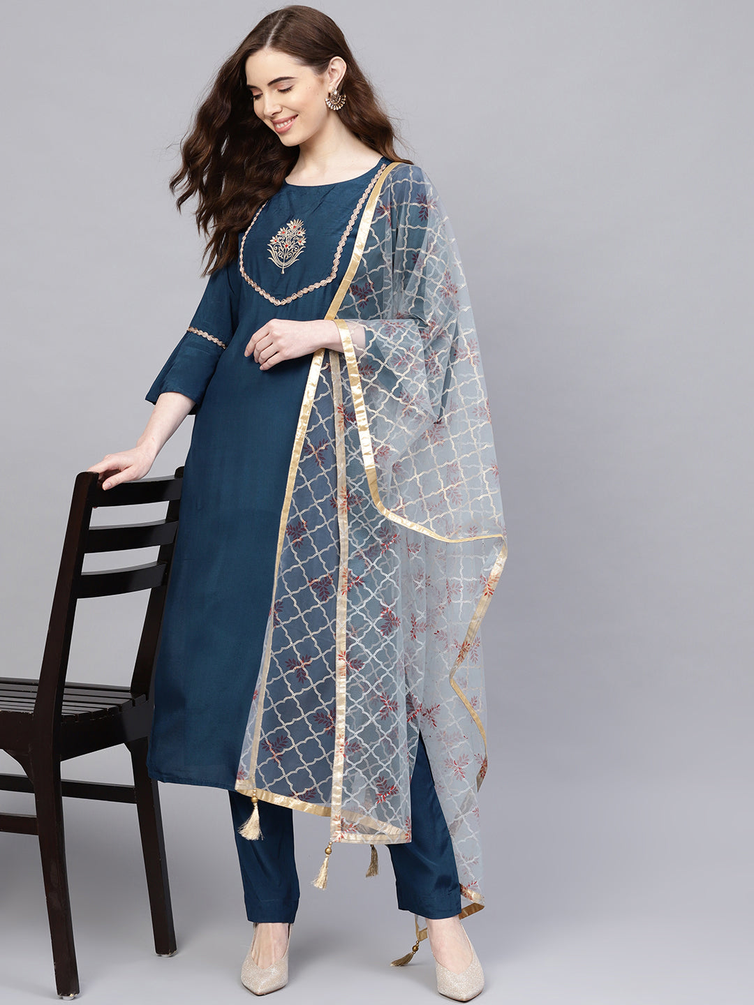 Teal & Light Blue Embroidered Kurta With Pants & Net Dupatta