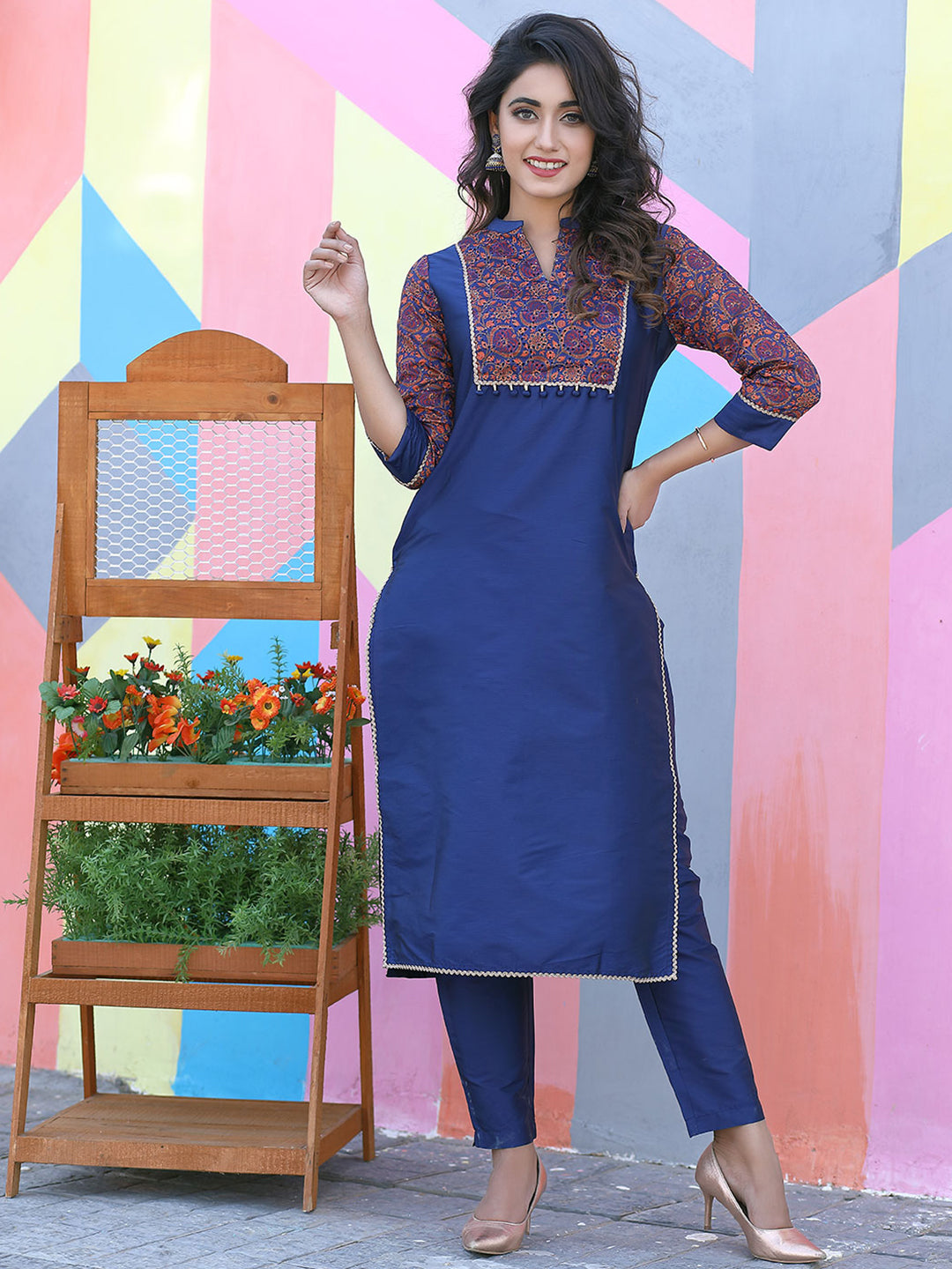 Navy Blue Solid Yoke Design Straight Silk Blend Kurta With Pants
