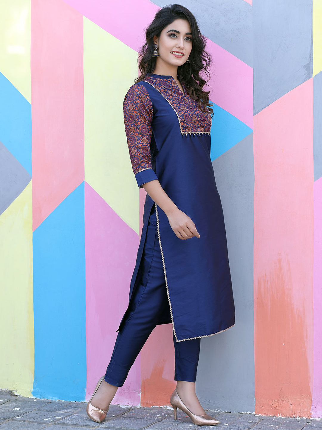 Navy Blue Solid Yoke Design Straight Silk Blend Kurta With Pants