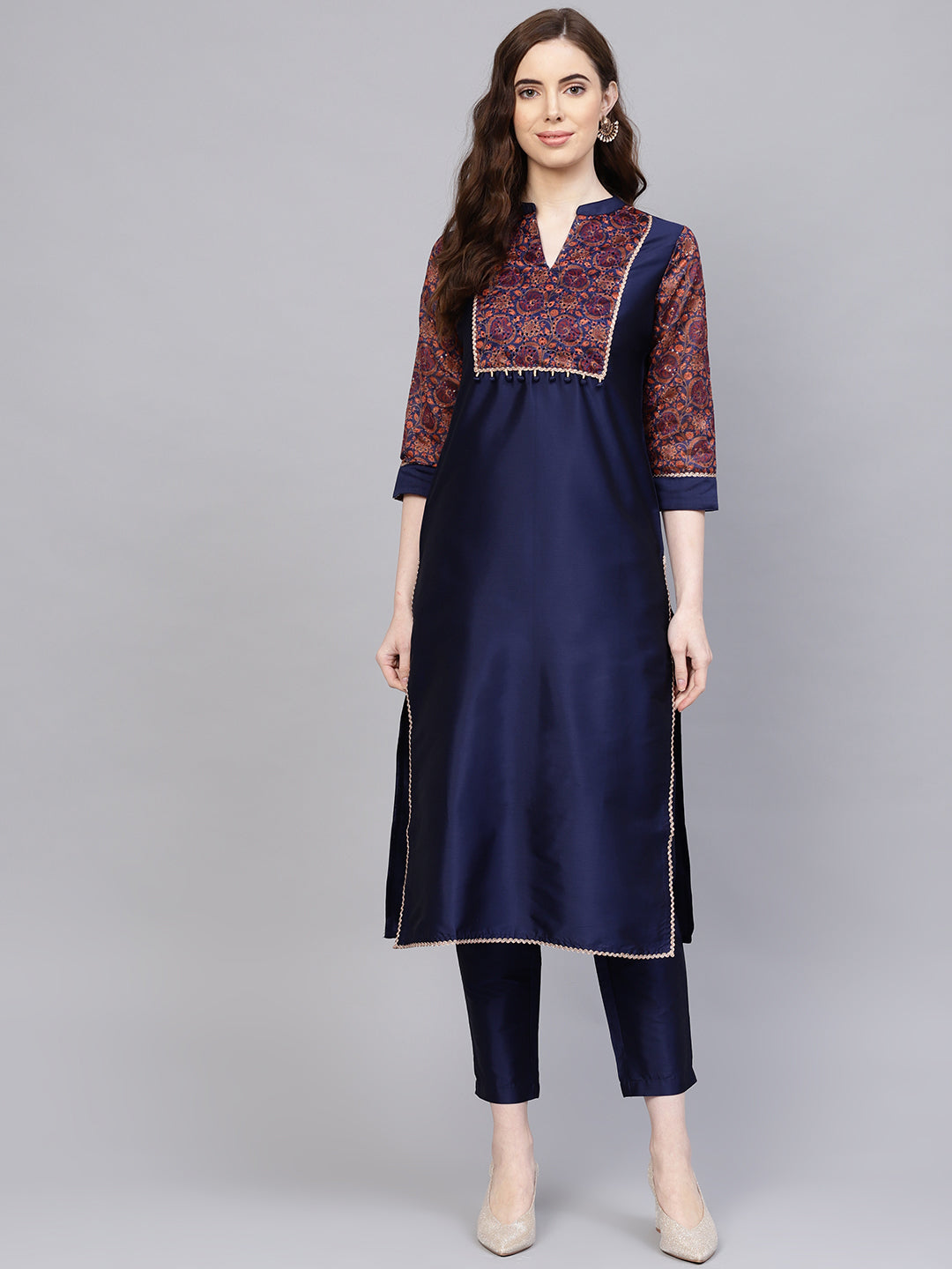 Navy Blue Solid Yoke Design Straight Silk Blend Kurta With Pants