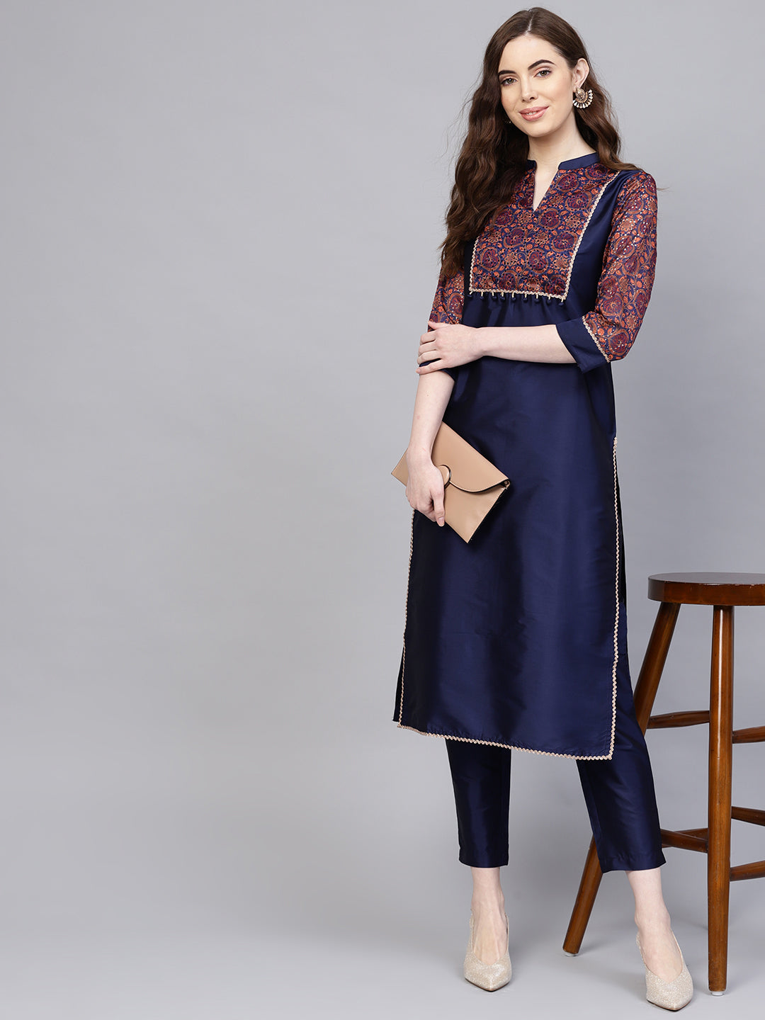 Navy Blue Solid Yoke Design Straight Silk Blend Kurta With Pants
