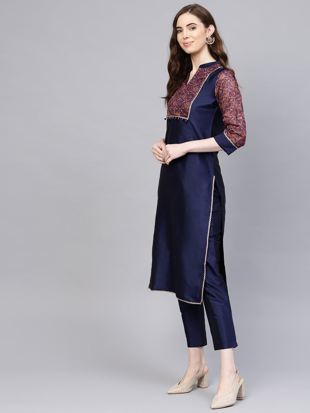 Navy Blue Solid Yoke Design Straight Silk Blend Kurta With Pants