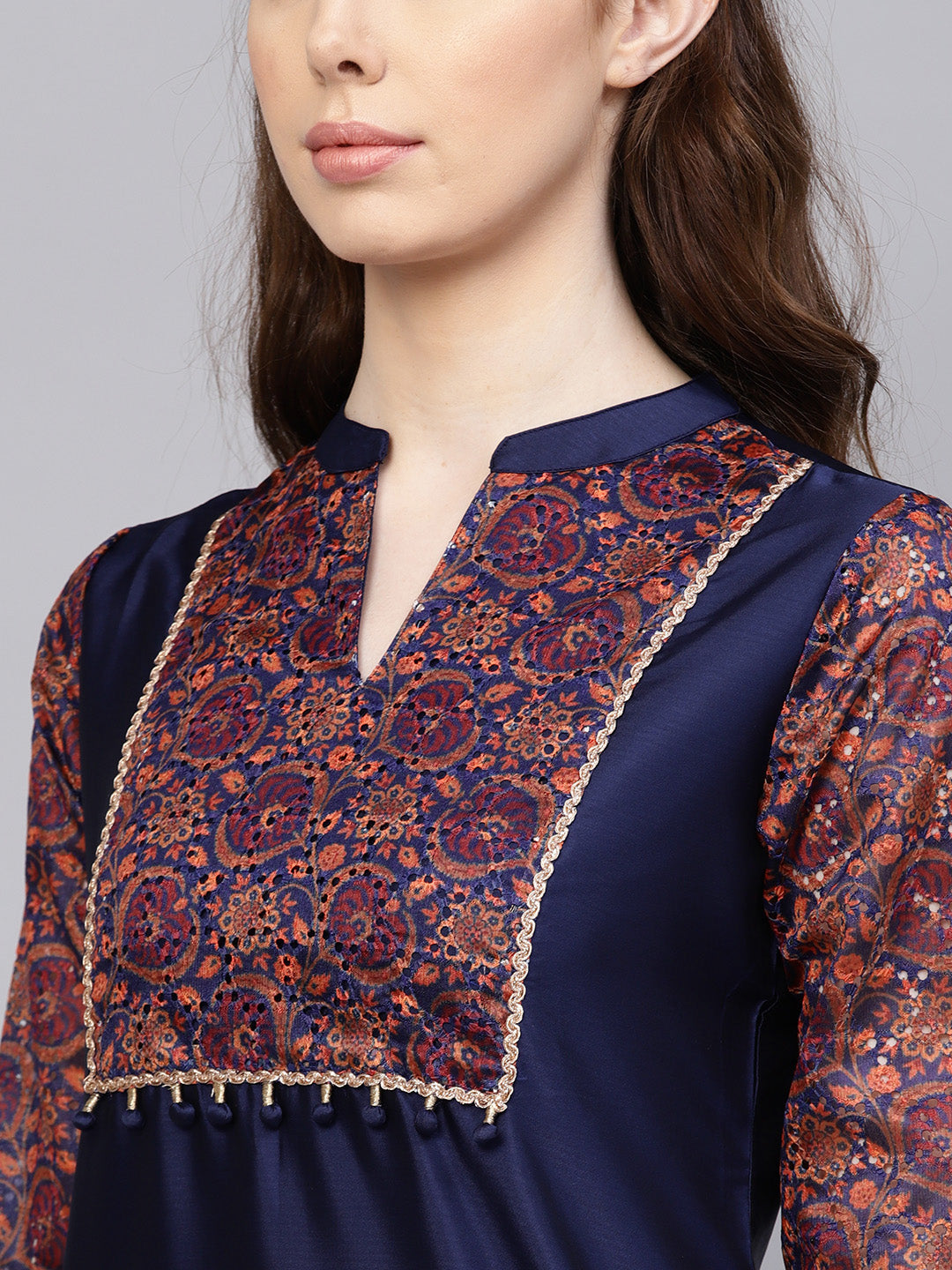 Navy Blue Solid Yoke Design Straight Silk Blend Kurta With Pants