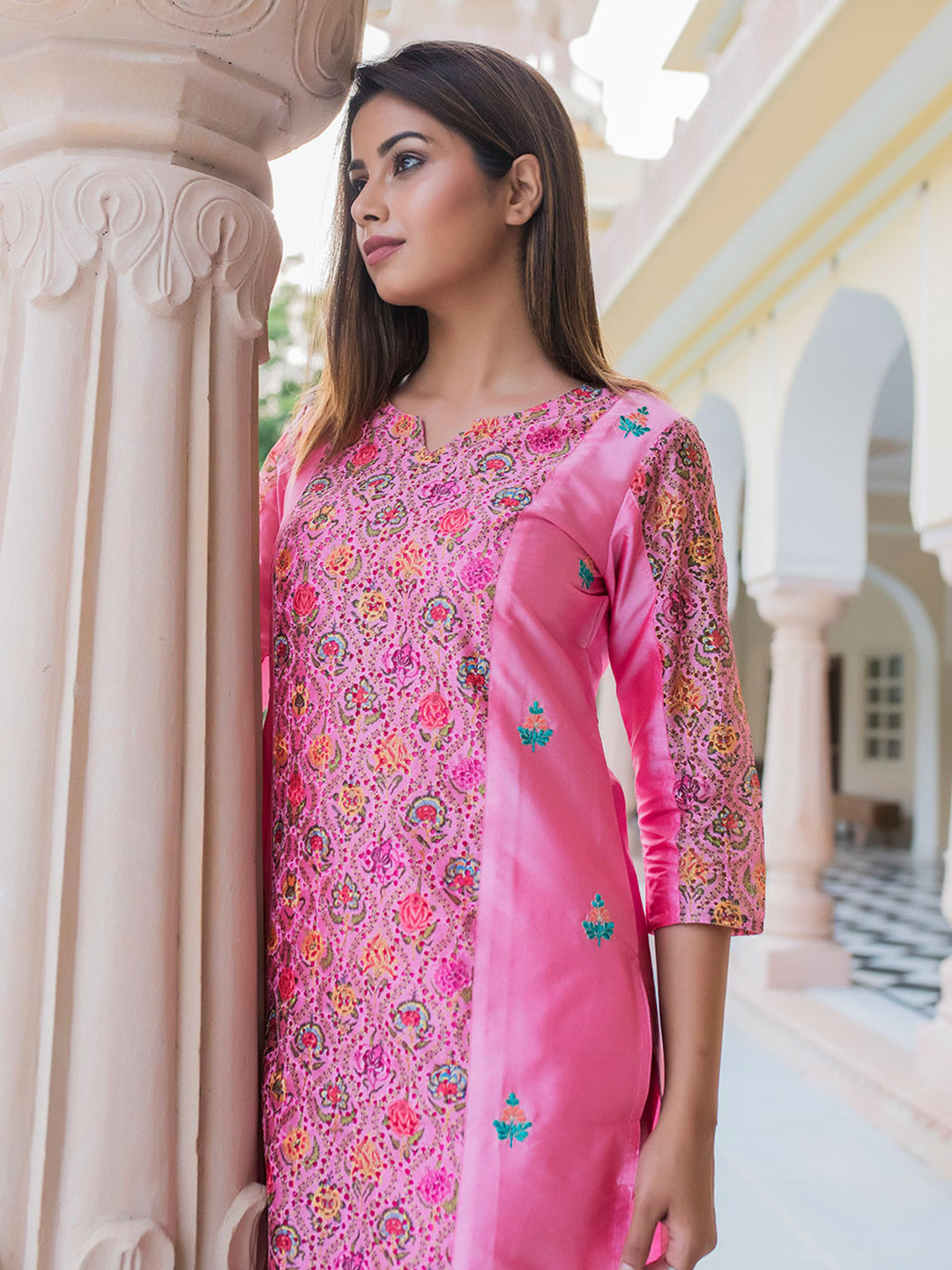 Pink Embroidered Straight Chanderi Kurta With Pants