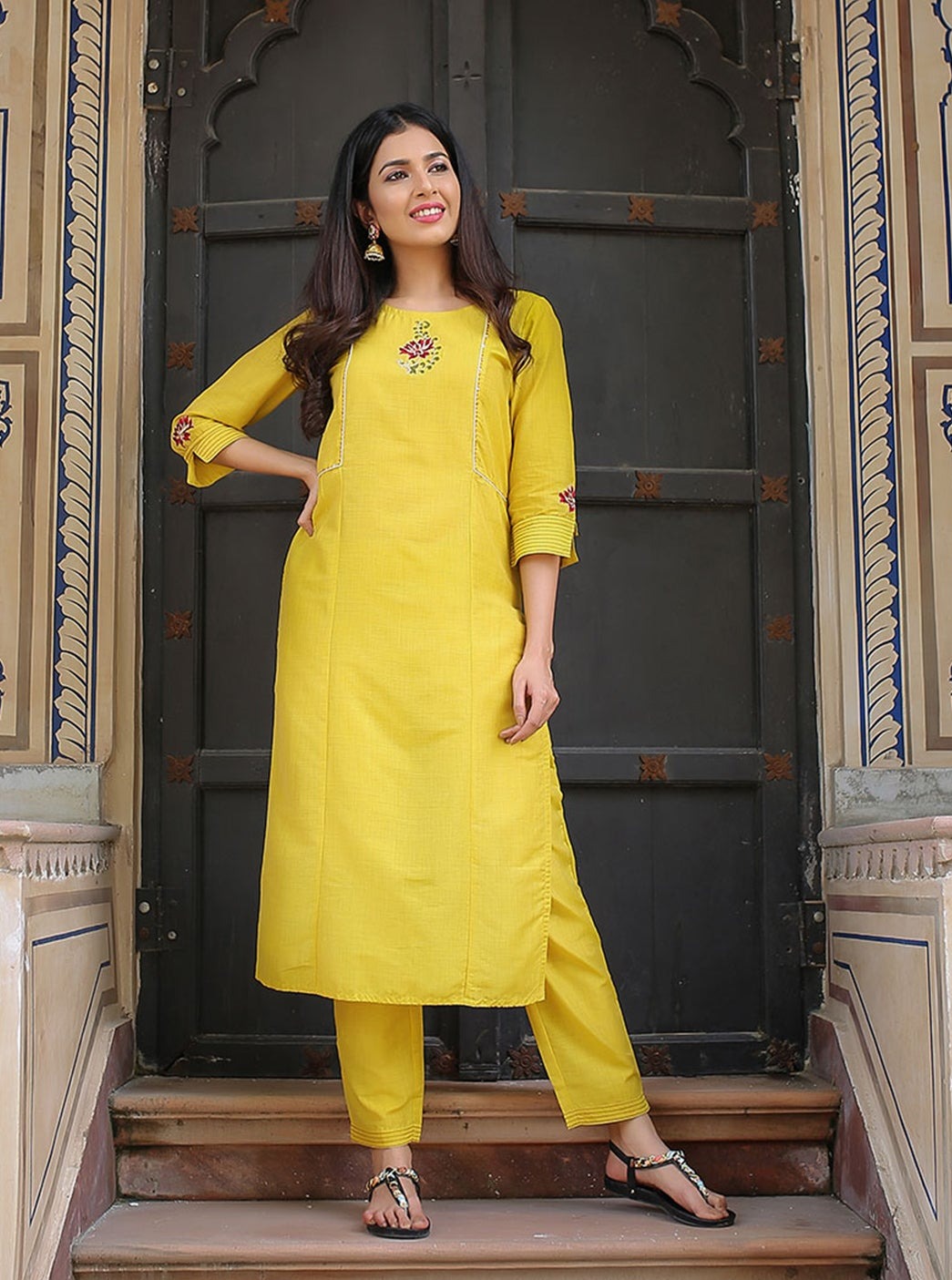 Yellow Yoke Design Handloom Straight Kurta With Trousers